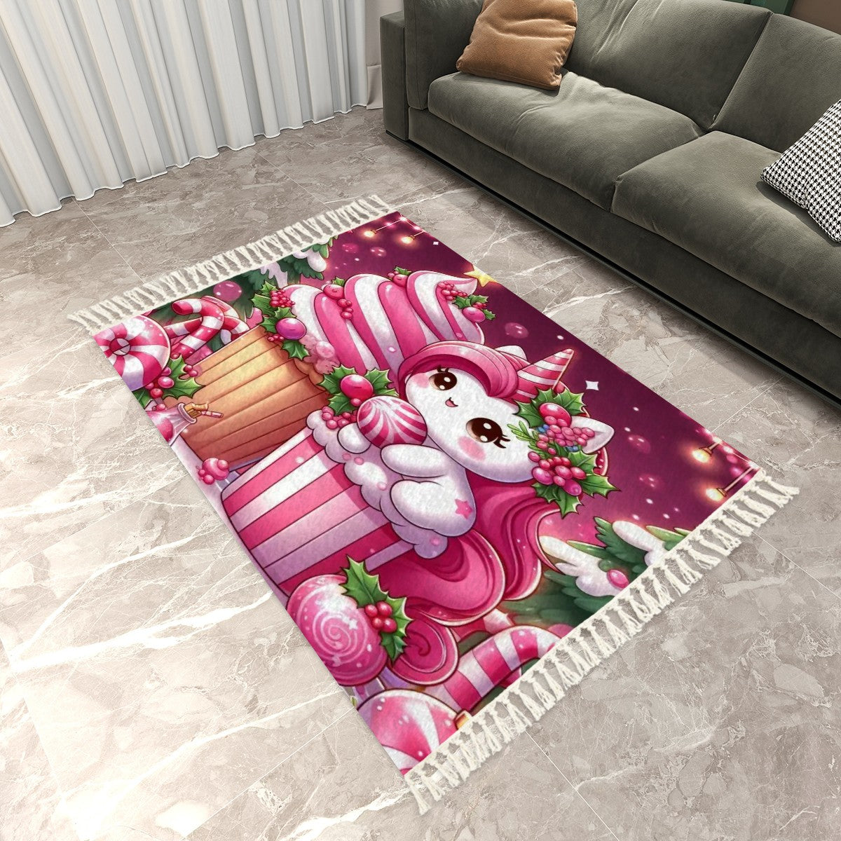 Christmas pink unicorn Area Rug with Tassels (8:5) ChristmasLoving.Shop