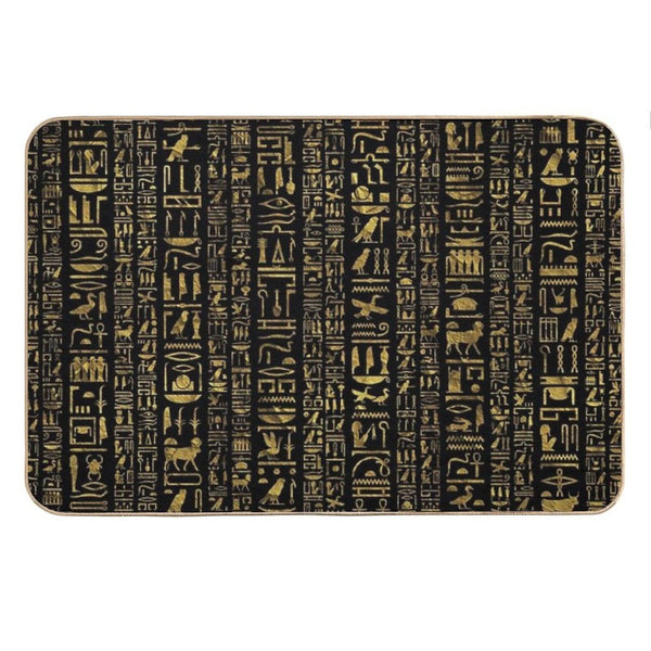 Egyptian Hieroglyphs Vintage Gld on Black Bath Mat