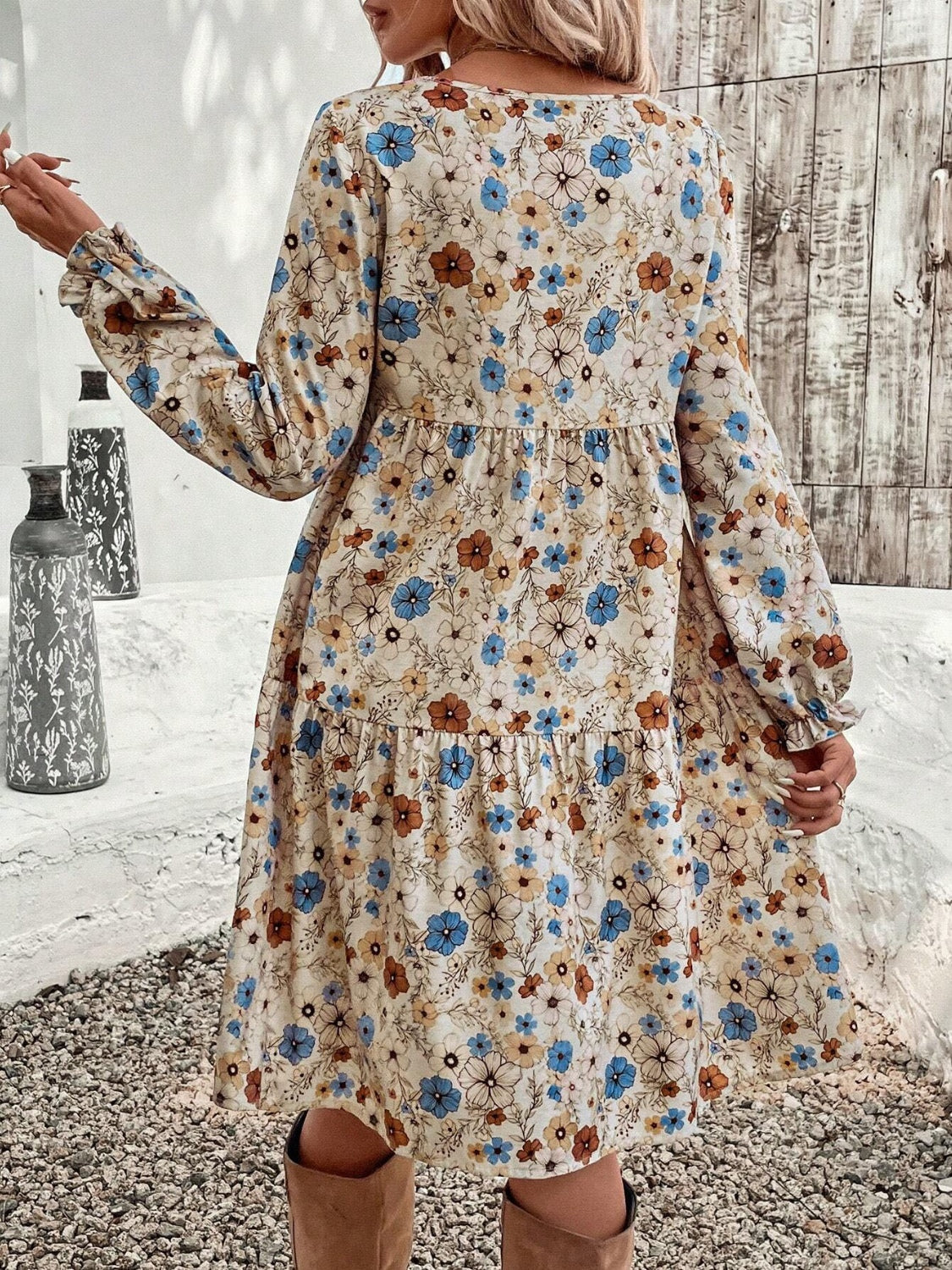 Tiered Floral Round Neck Long Sleeve Dress Elegant Summer Lightweight Breathable Dress
