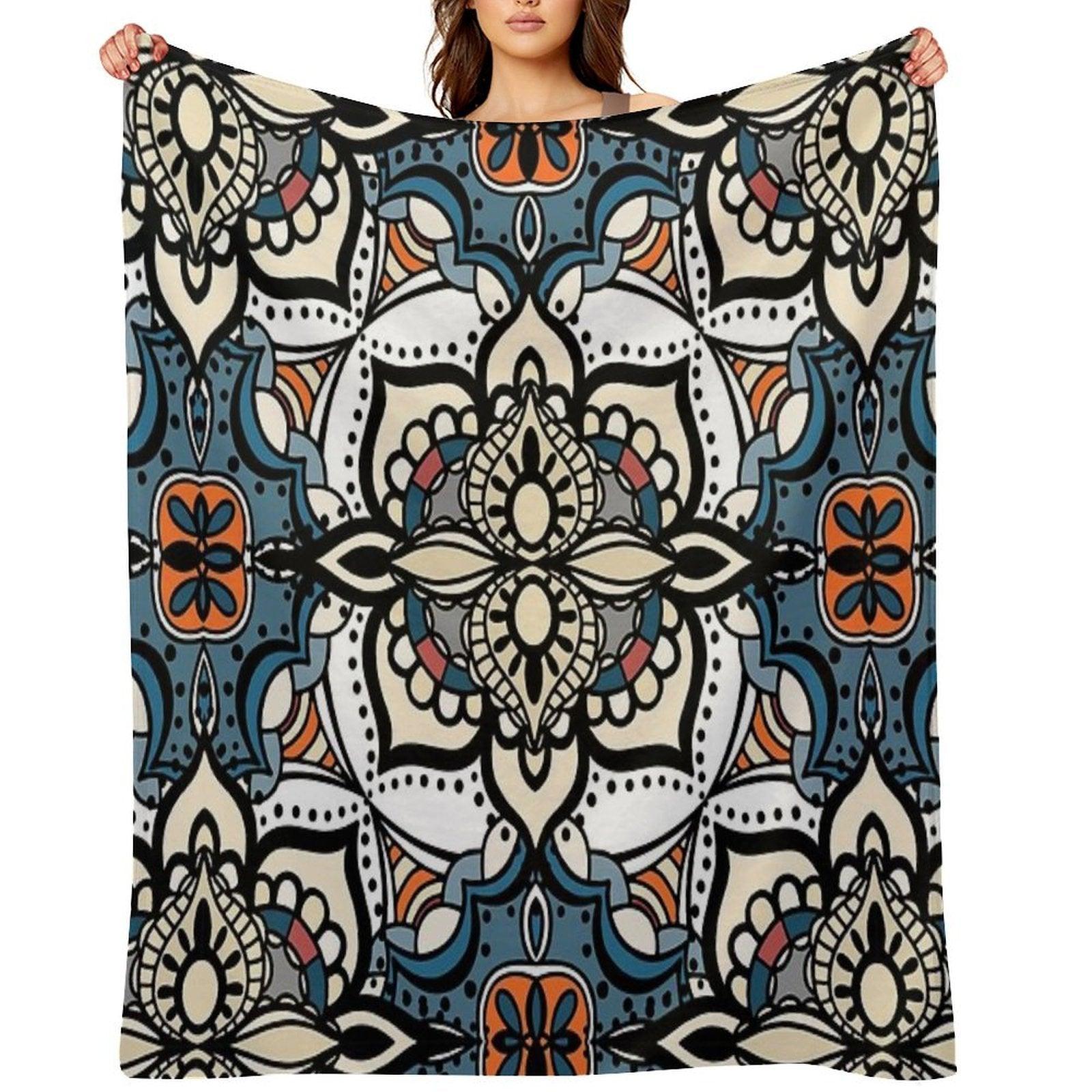 Abstract Renaissance Geometrical Flowers,  Mosaic Floral Fantasy Pattern Throw Blanket