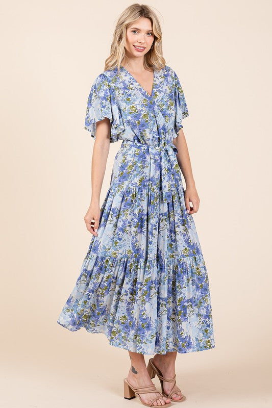 New Summer Floral Tie Waist Flutter Sleeve Tiered Dress For Women – Feminine, Elegant, Cheerful, Bohemian Chic, Flowy & Graceful