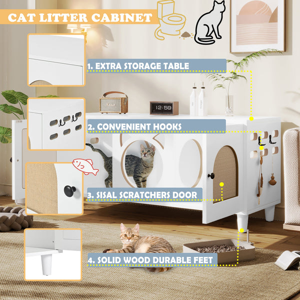 Furniture Style Cat Cabinet Cream White Cat Litter Box with Sisal Scratching Door MDF