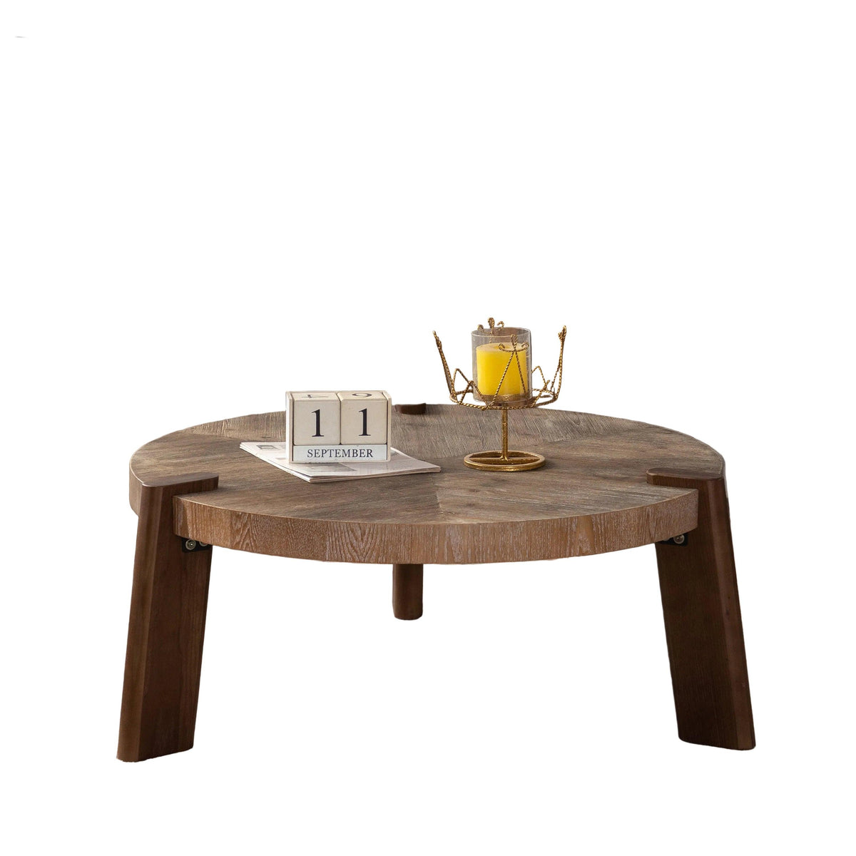 Rustic Round Wood Coffee Table with Herringbone Top