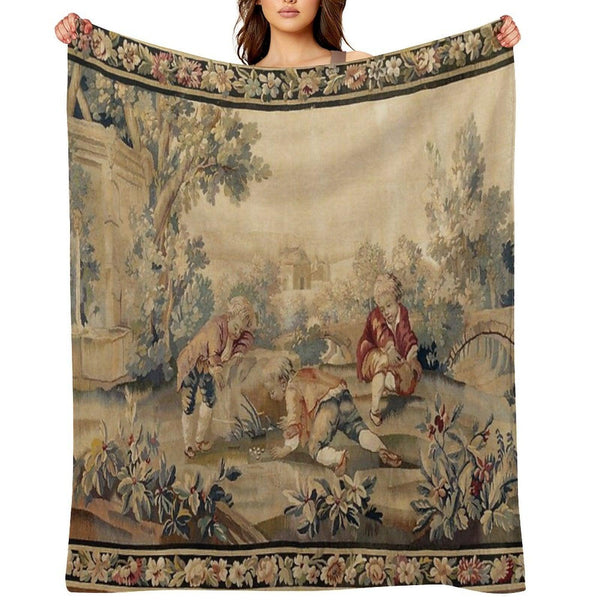 Aubusson  Antique French Tapestry Print Throw Blanket