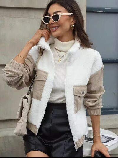 Modern White Contrast Zip-Up Long Sleeve Jacket Trendy & Lightweight Outerwear For Everyday Wear