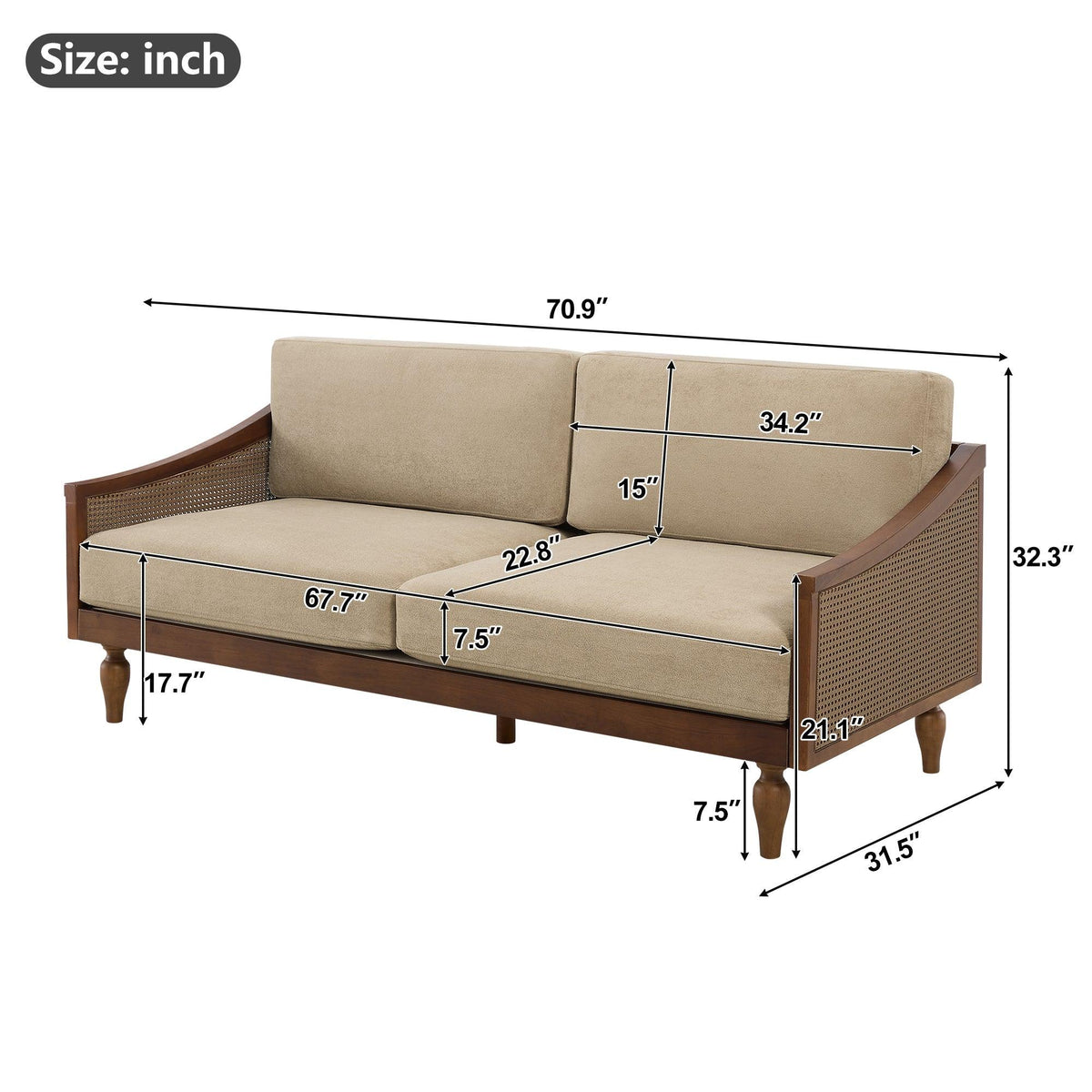Modern Light Brown Chenille 3-Seater Sofa with Solid Wood Frame & Rattan Arms