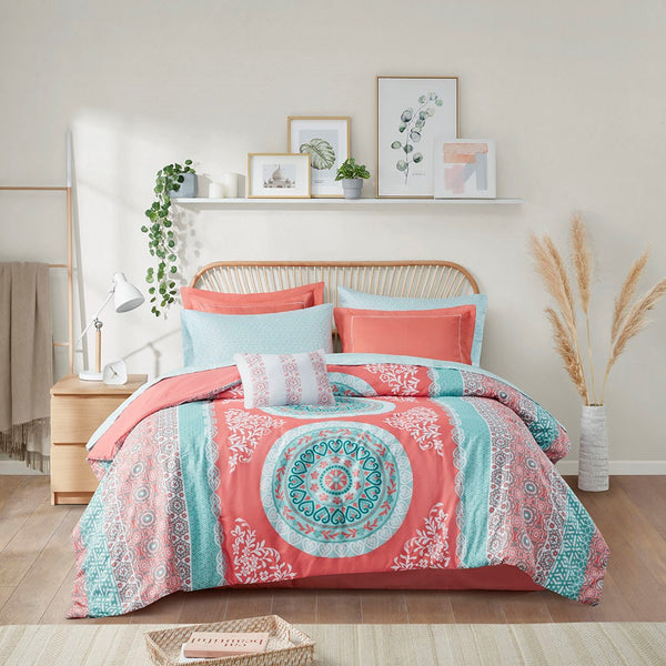 Loretta Boho Comforter Set with Bed Sheets in Coral by Intelligent Design