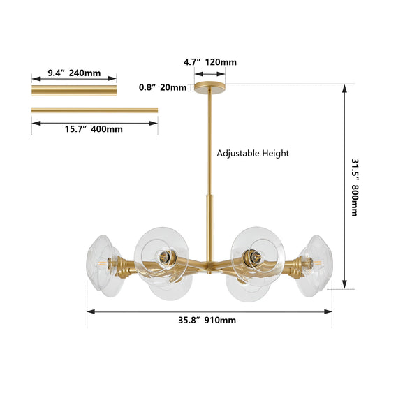 Modern Gold 8-Light Sputnik Chandelier with Clear Glass Shades, Mid-Century Hanging Pendant Light Fixture for Dining Room, Living Room, or Kitchen (Bulb Not Included)