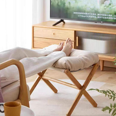 Bamboo Foldable Ottoman Foot Rest Beige Upholstered