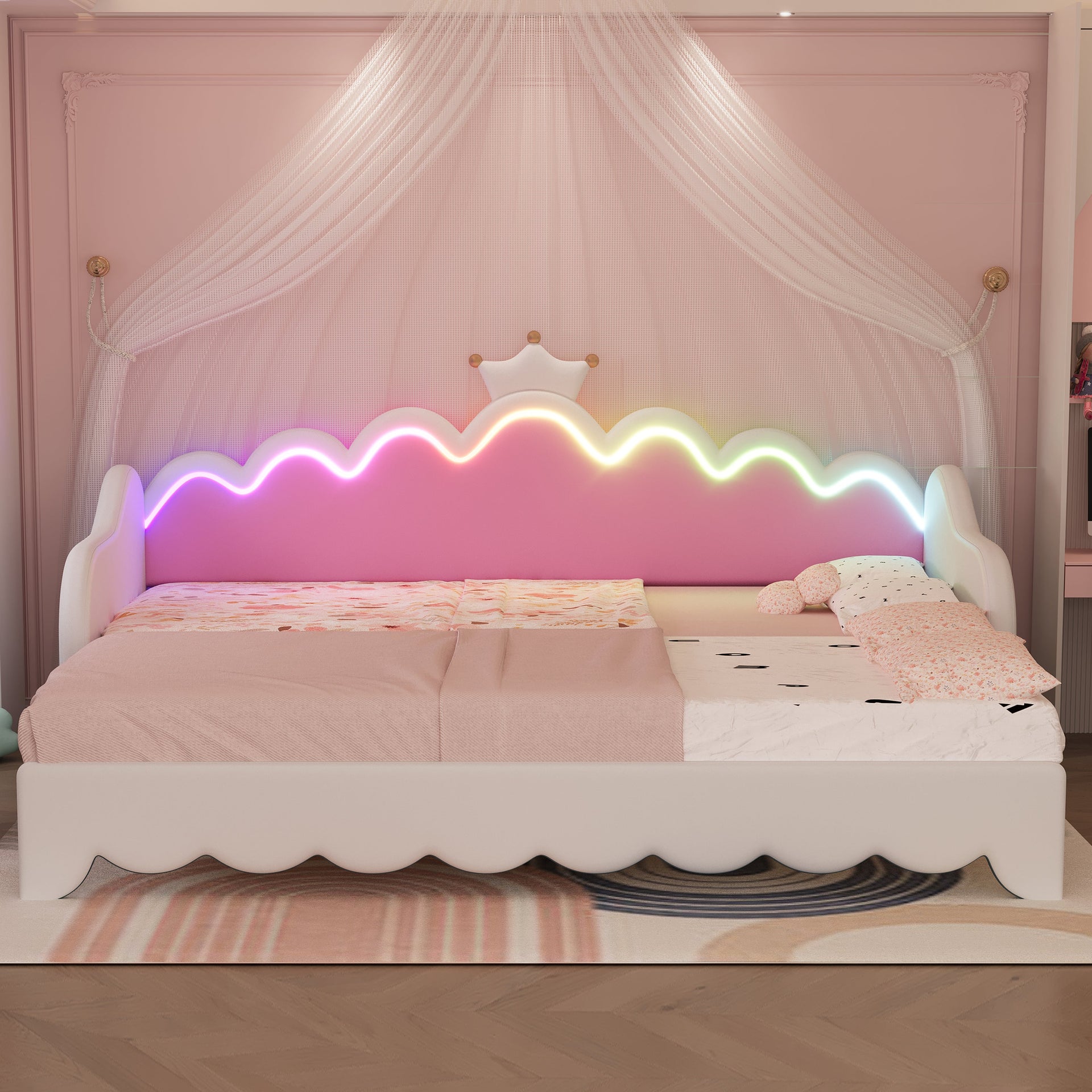 Twin Extending Daybed with LED Lights, Modern Upholstered Princess Daybed