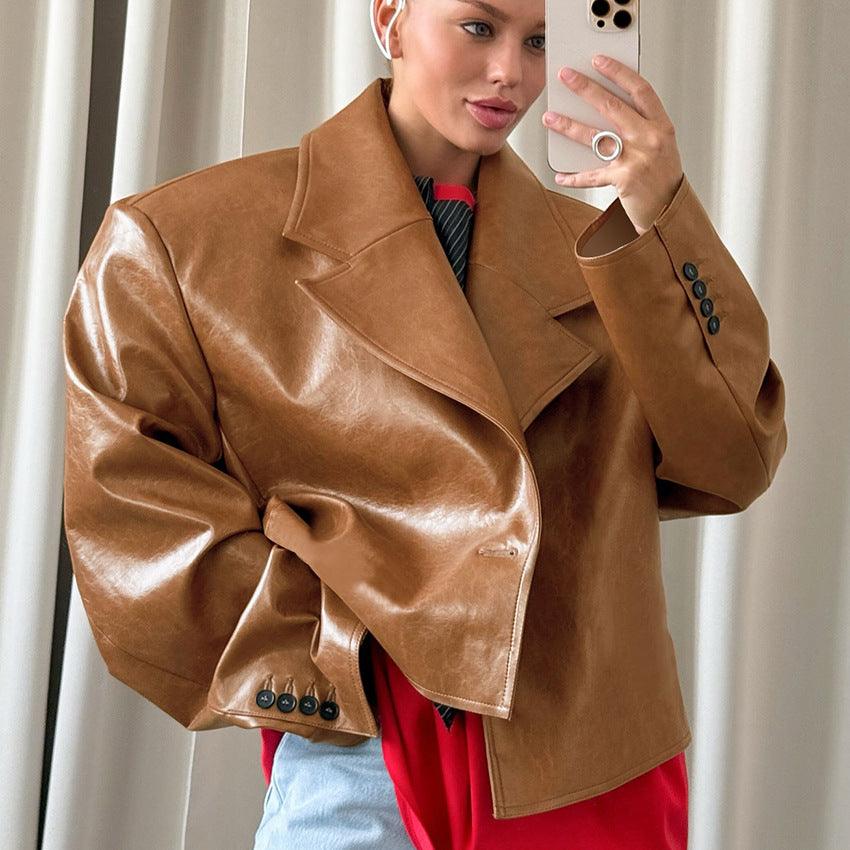 Suit Collar PU Leather Jacket Coat For Women