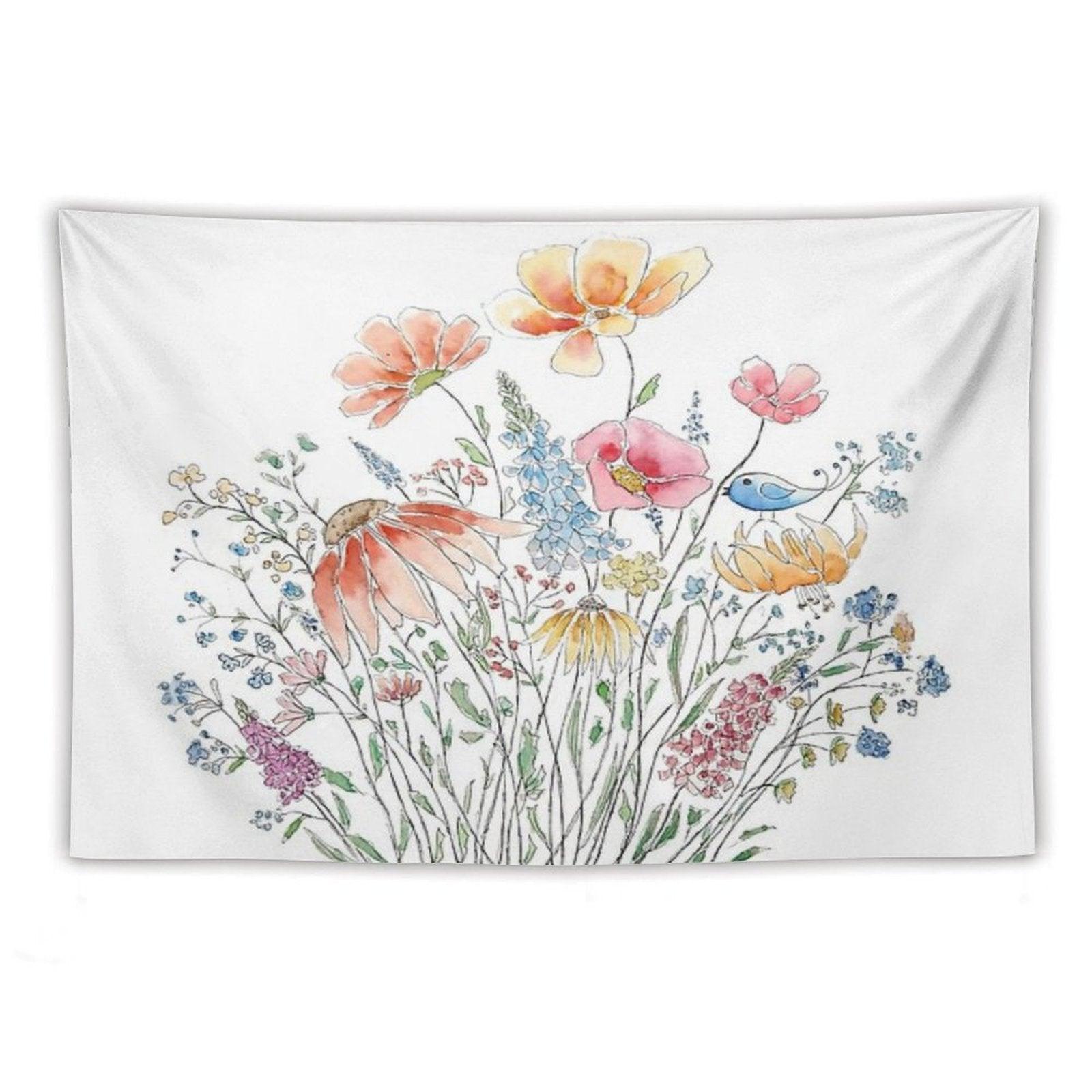 Hand Painted Wild Flower Bouquet And Blue Bird-line And Watercolor 2 Tapestry