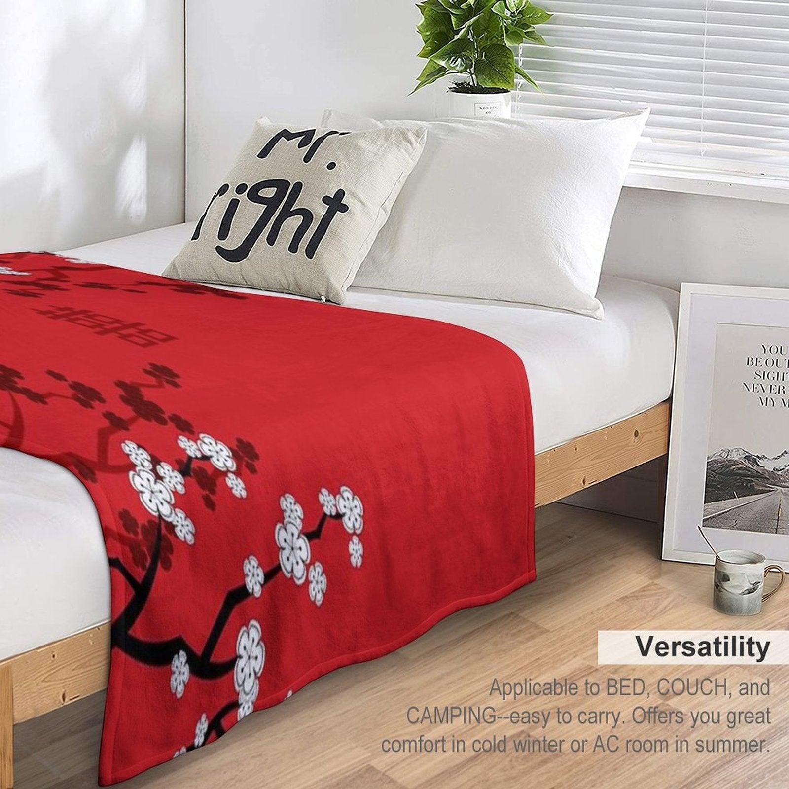 White Oriental Cherry Blossoms on Red And Chinese Wedding Double Happiness  Japanese Sakura © Fatfatin Throw Blanket