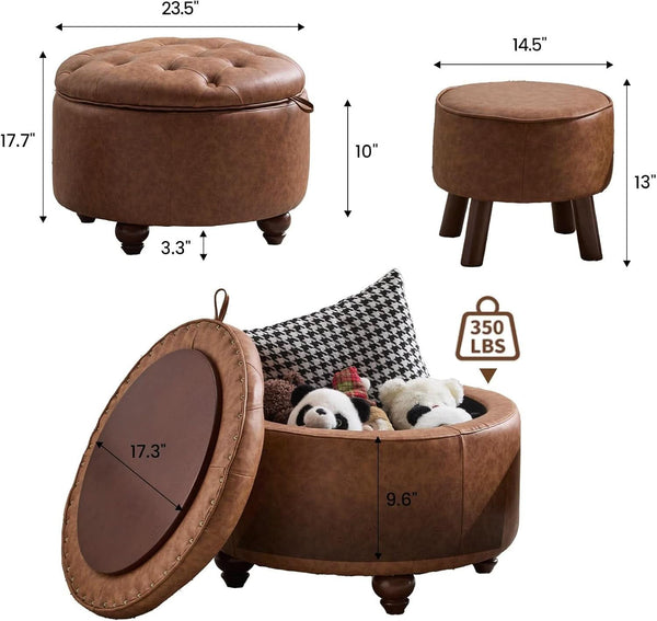 Twenty FourInch Round PU Leatherette Storage Ottoman
