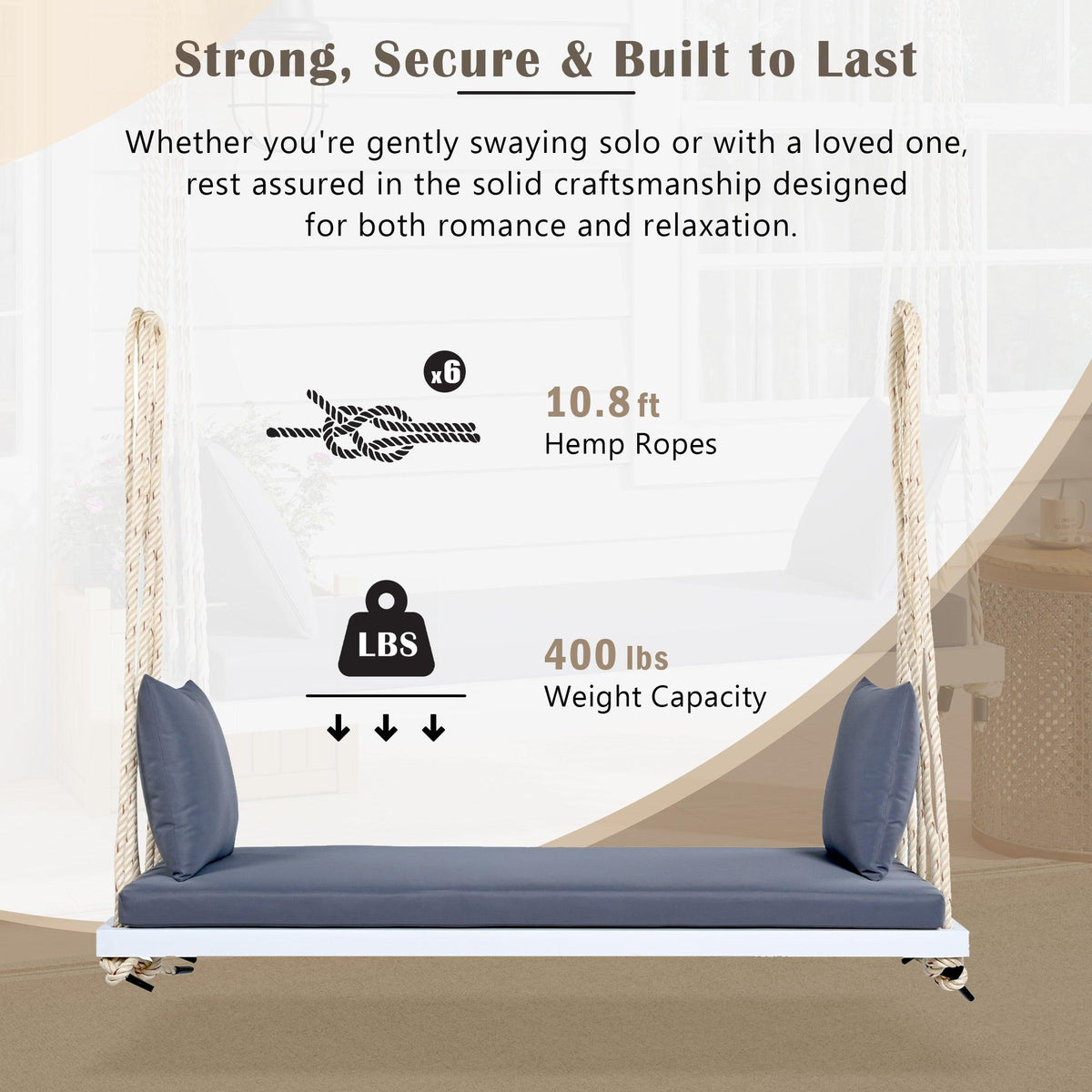 TOPMAX Patio Wooden Swing Chair, Hanging Porch Swing Bench