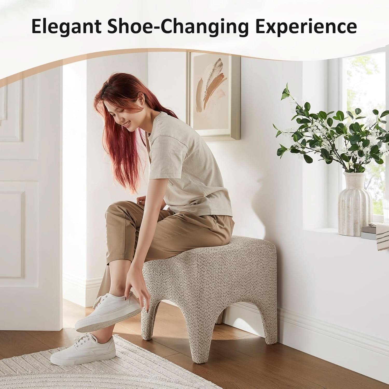 17-Inch Camel Boucle Upholstered Square Ottoman Footstool
