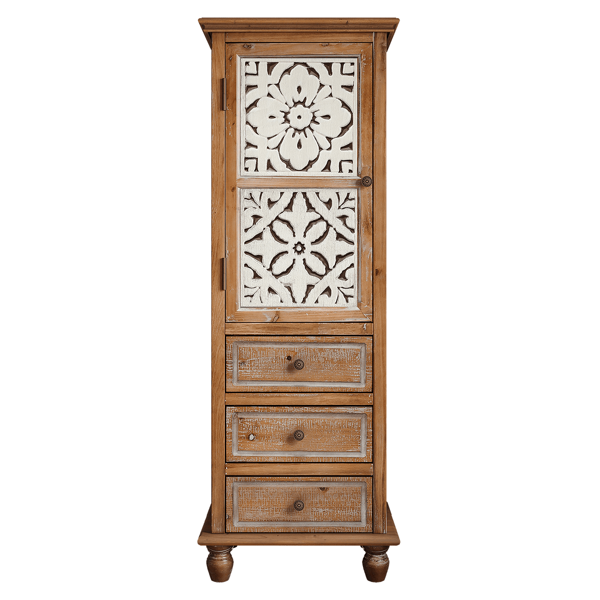 Rustic Wooden Storage Cabinet with Decorative Cutout Door & 3 Drawers