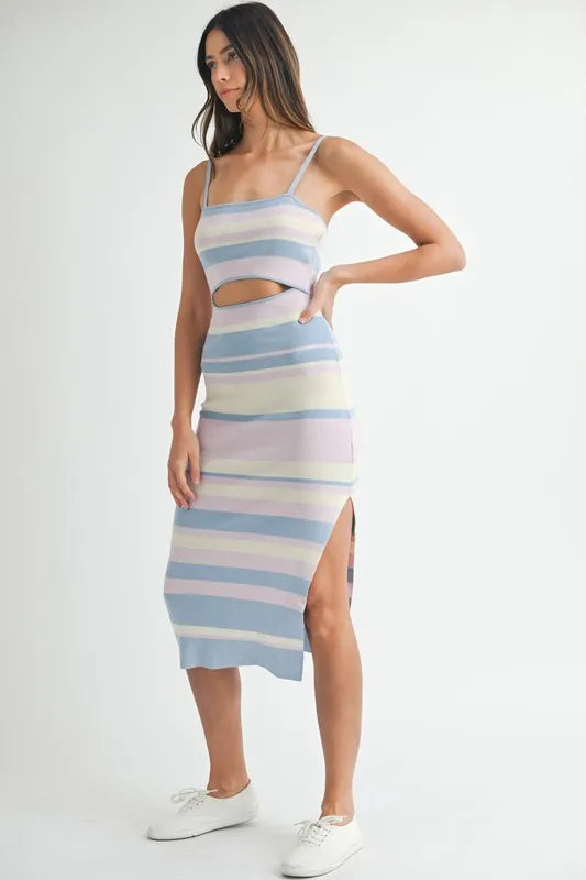 Multi Color Striped Front Cutout Knit Midi Dress For Women – Vibrant Striped Bodycon Dress, Cutout Knit Dress, Stylish Summer Midi Dress, Trendy Statement Dress