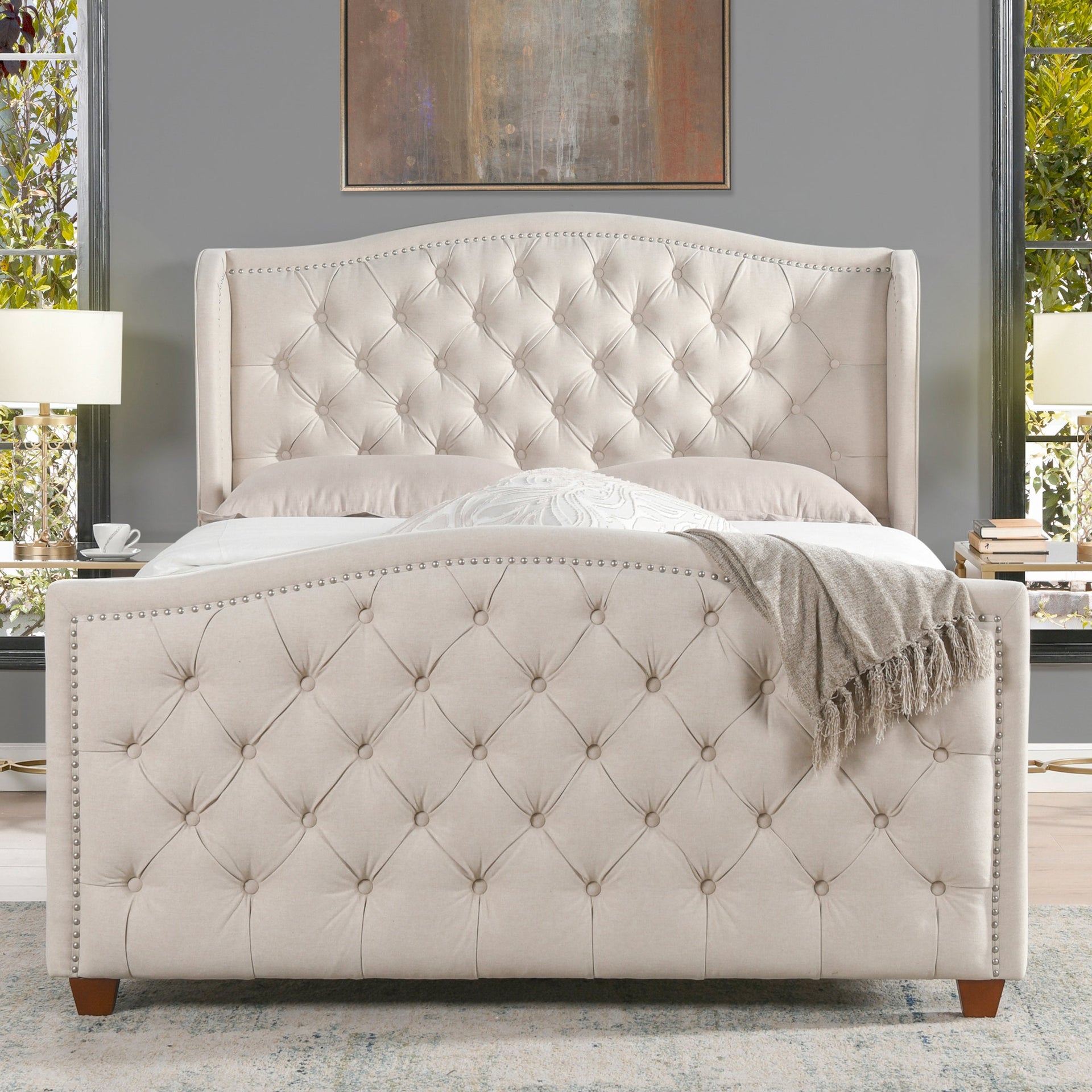 Marcella Upholstered Shelter Headboard Bed Set, Queen, Sky Neutral