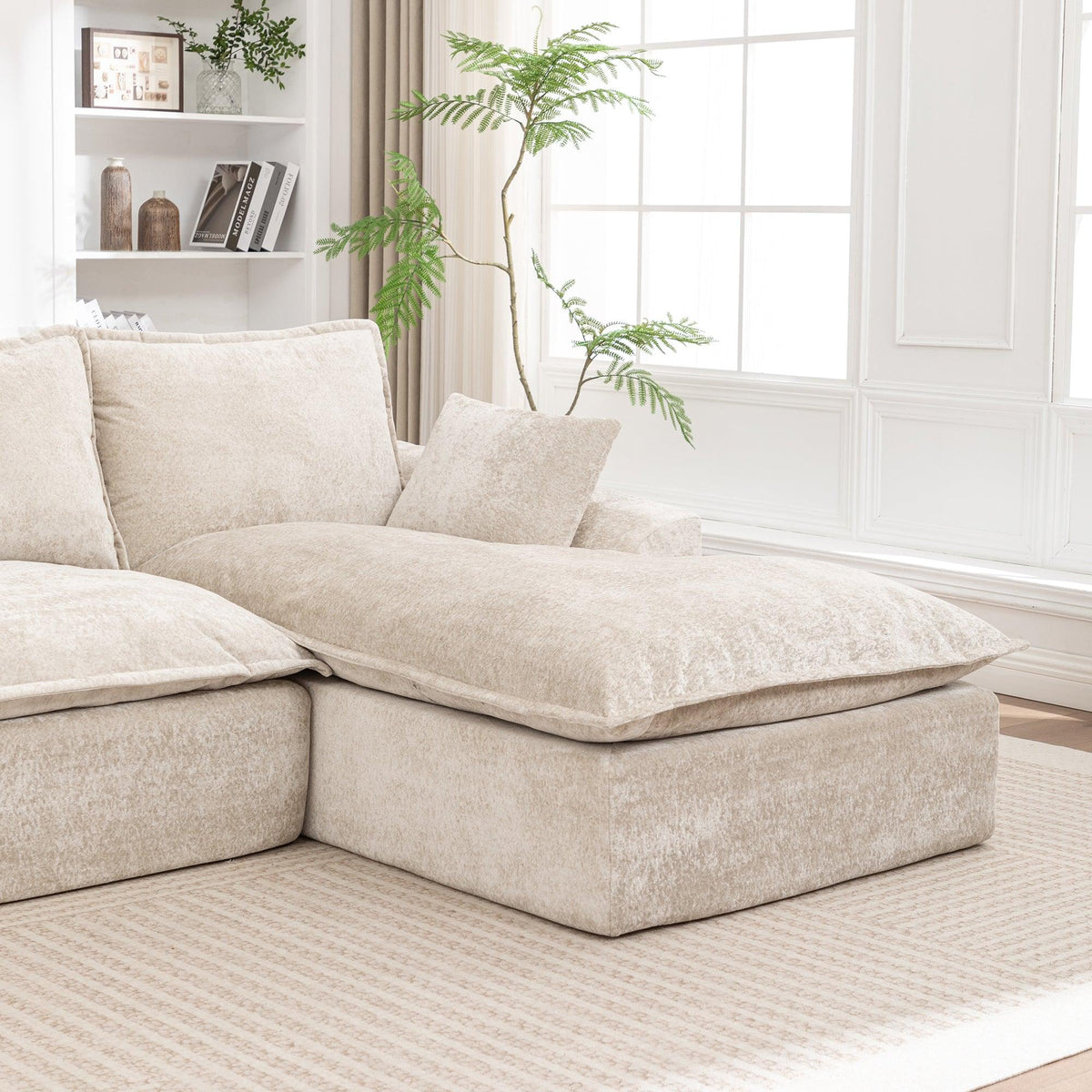 Ivory Chenille L‑Shaped Modular Sectional Compressed Sofa
