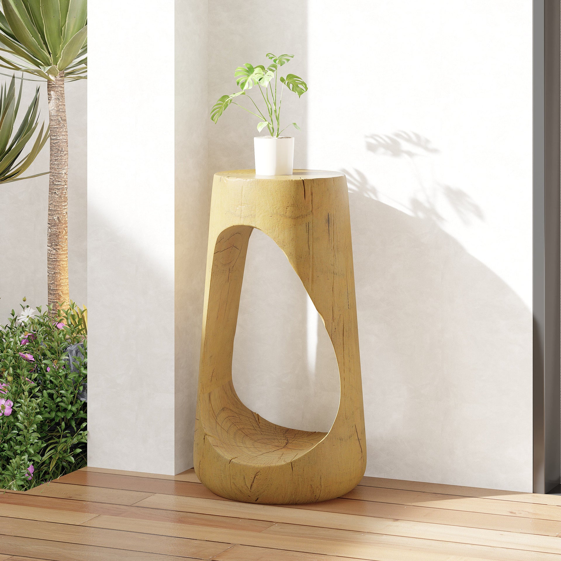 Hollow Design End Table with Wood Like Texture, and Natural Color
