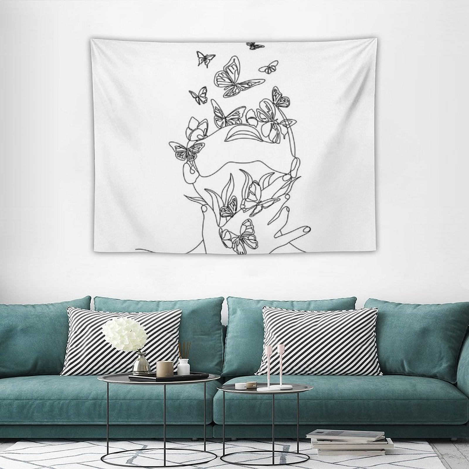 Abstract Face with Butterfly by One Line Drawing. Portrait Minimalistic Style.  Botanical Print. Nature Symbol of Cosmetics. Mod Tapestry