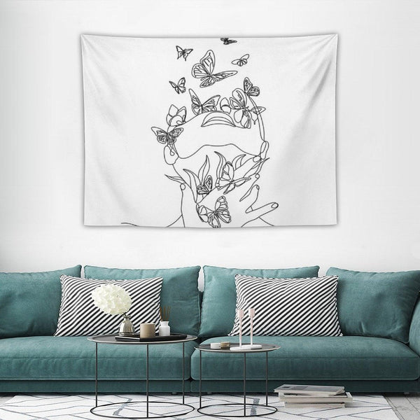 Abstract Face with Butterfly by One Line Drawing. Portrait Minimalistic Style.  Botanical Print. Nature Symbol of Cosmetics. Mod Tapestry