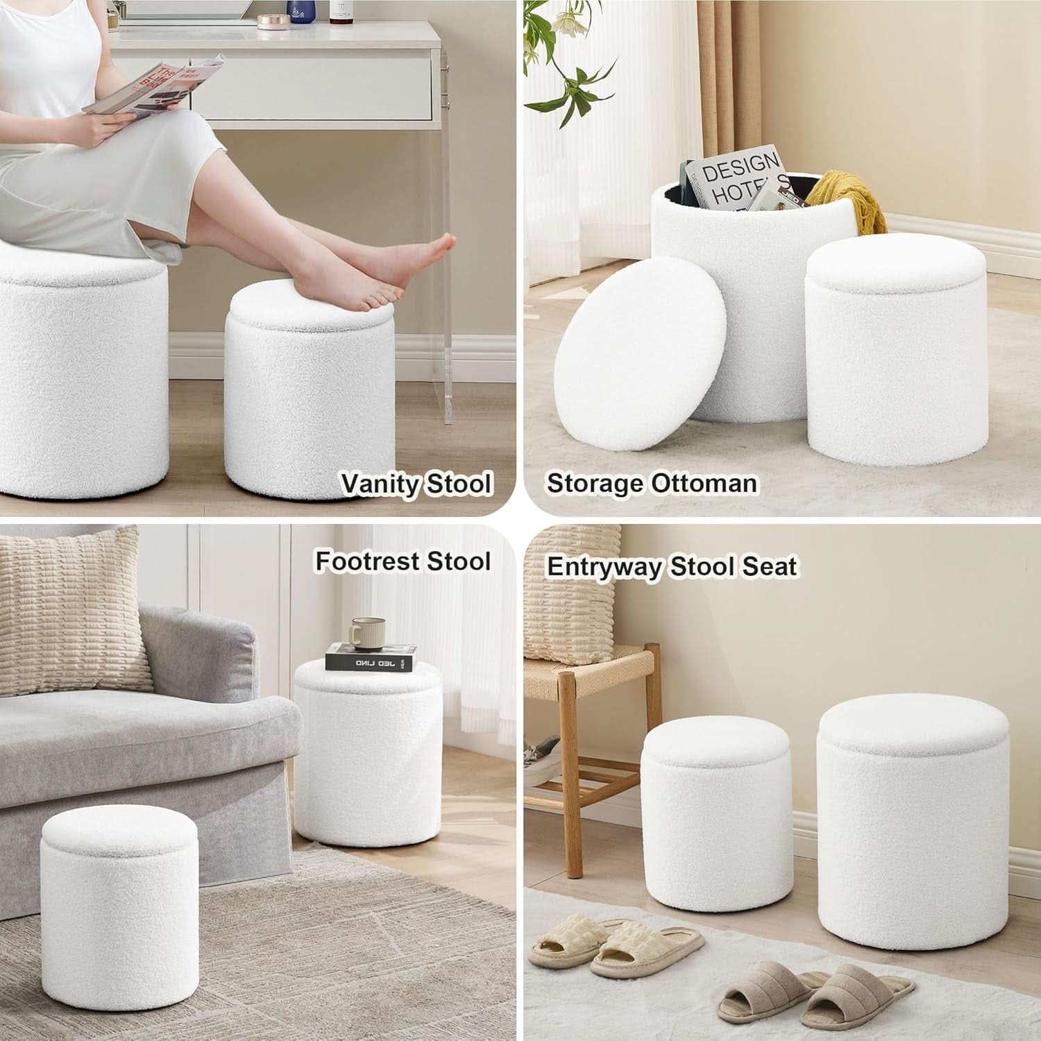 White Round Boucle Velvet Upholstered Storage Ottoman