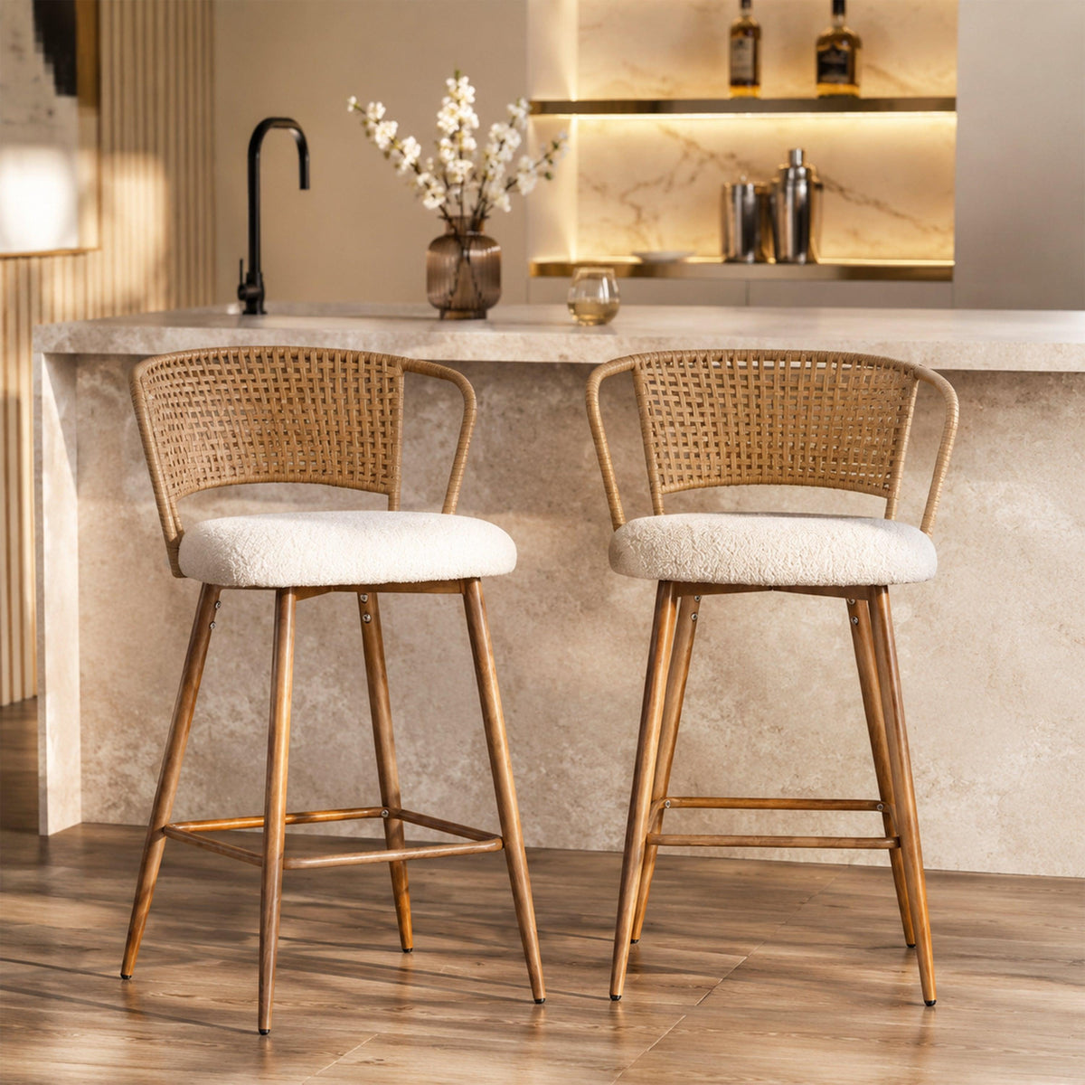 Rattan Backrest Bar Stools Set of 2