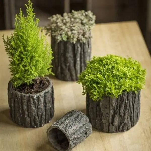 Round Concrete Pot with Bark Motif