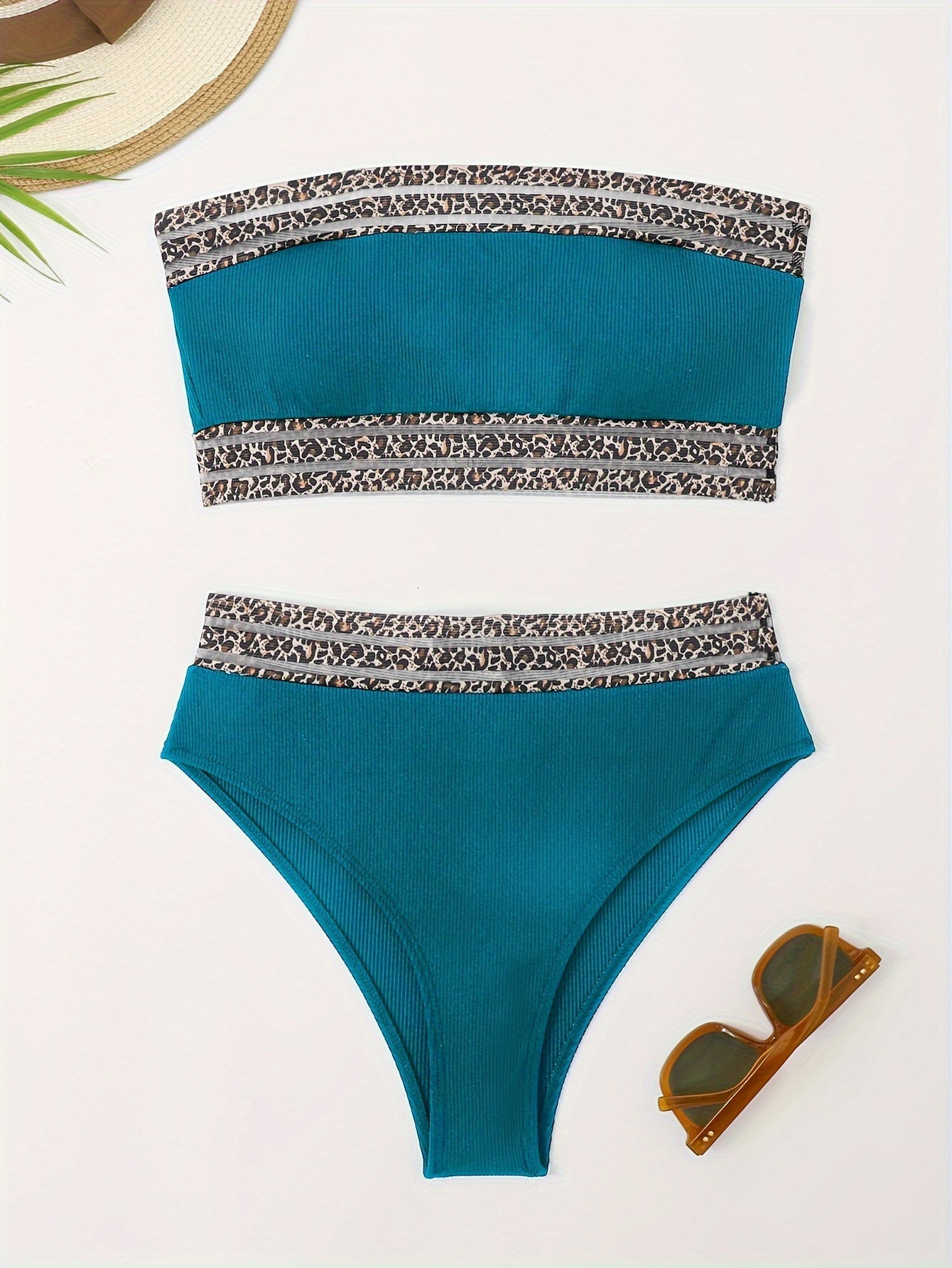 Bikini Leopard Print High Waist Bandeau 2 Piece Swimsuit for Women – Super Stretchy Bikini Set with Seductive Mesh Detail and Flattering Fit – Chic Animal Print Swimwear for Beachwear Poolside and Summer Vacations