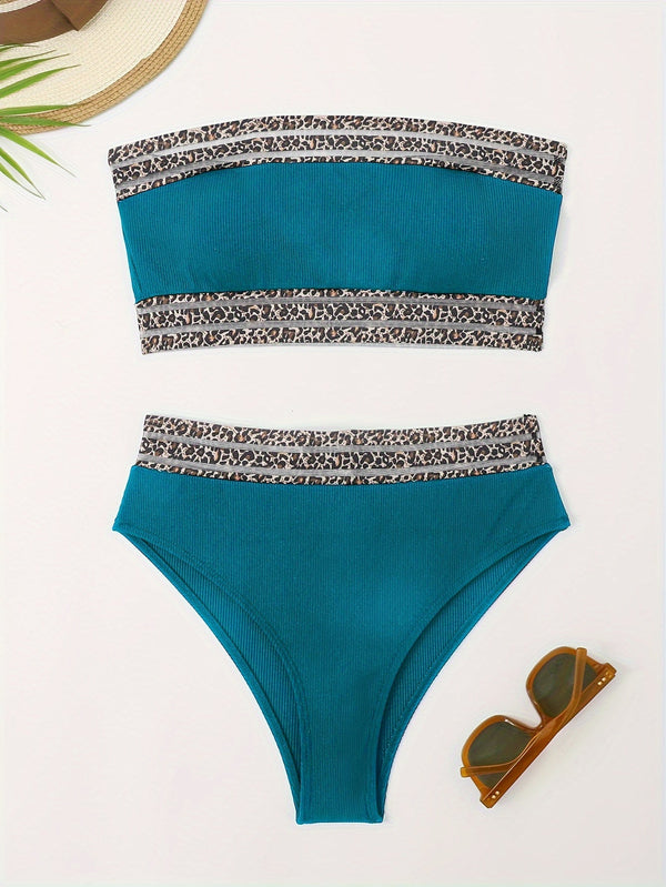 Bikini Leopard Print High Waist Bandeau 2 Piece Swimsuit for Women – Super Stretchy Bikini Set with Seductive Mesh Detail and Flattering Fit – Chic Animal Print Swimwear for Beachwear Poolside and Summer Vacations