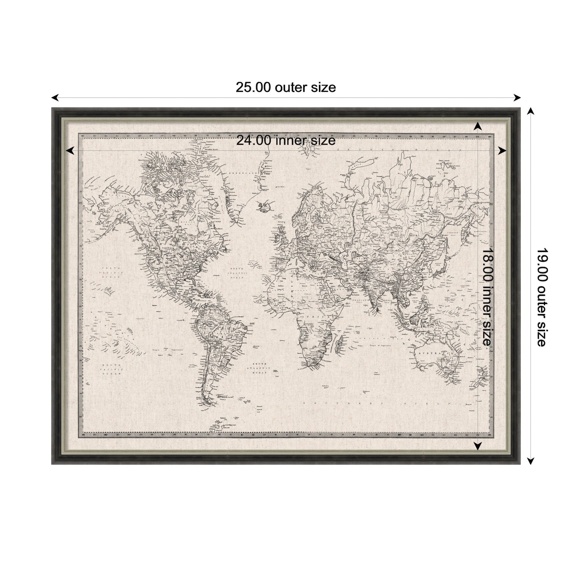 Framed Fabric Pinboard Vintage Black and White Linen World Map Wall Organization
