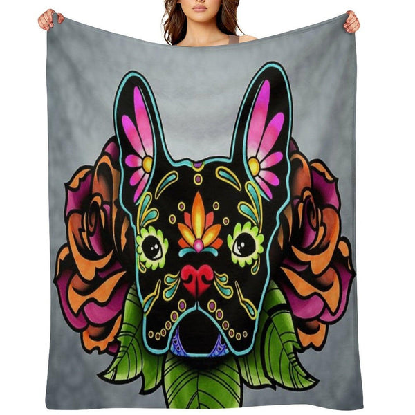 Day of The Dead French Bulldog in Black Sugar Skull Dog Throw Blanket