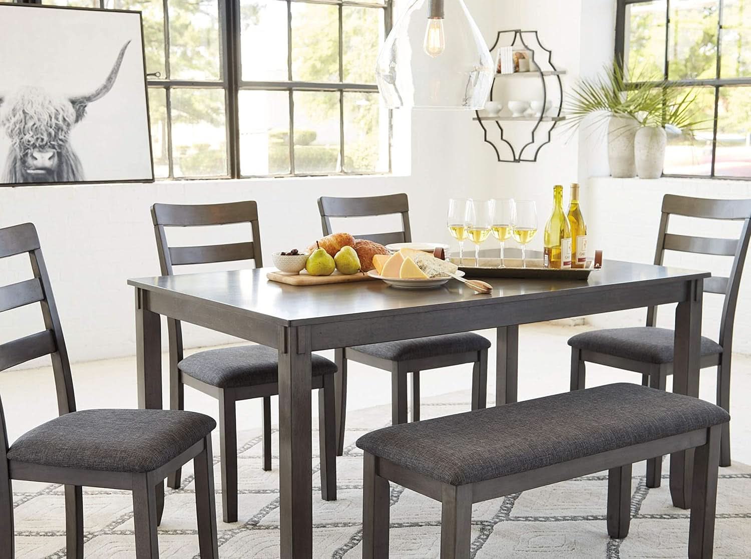 Charcoal Gray 6Piece Contemporary Dining Set Bench