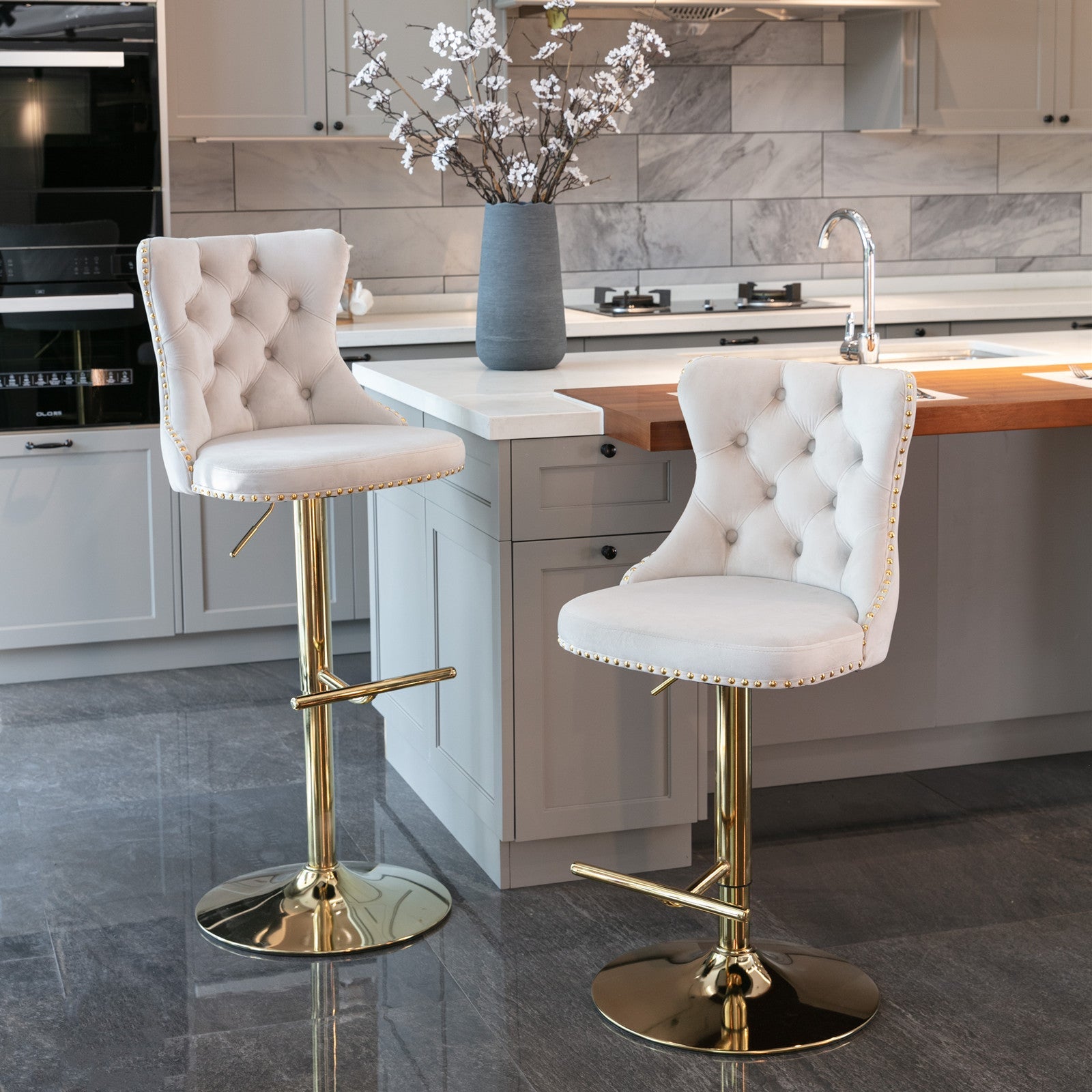 Golden Swivel Velvet Adjustable Barstools with Backs Upholstered Tufted for Home Pub