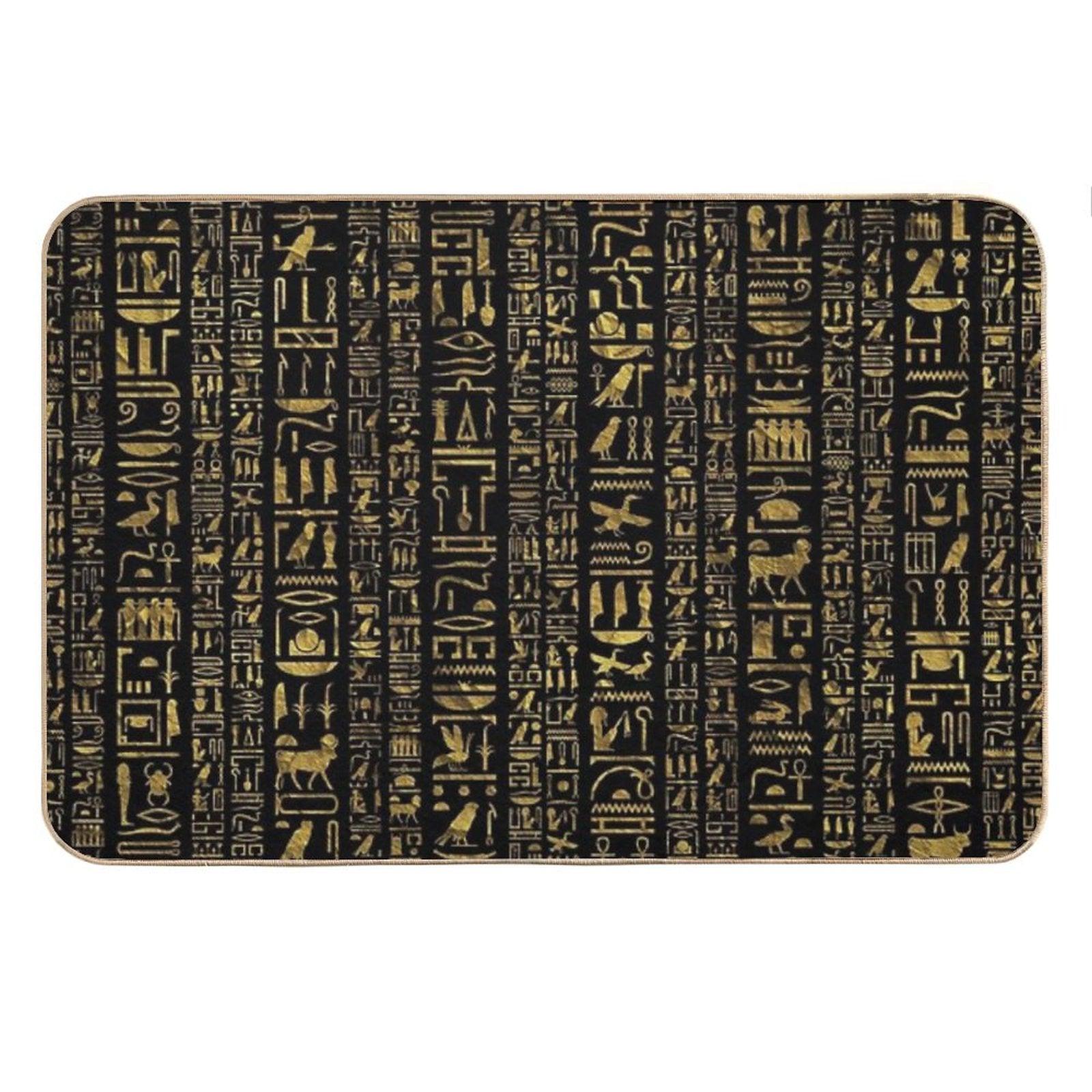 Egyptian Hieroglyphs Vintage Gld on Black Bath Mat
