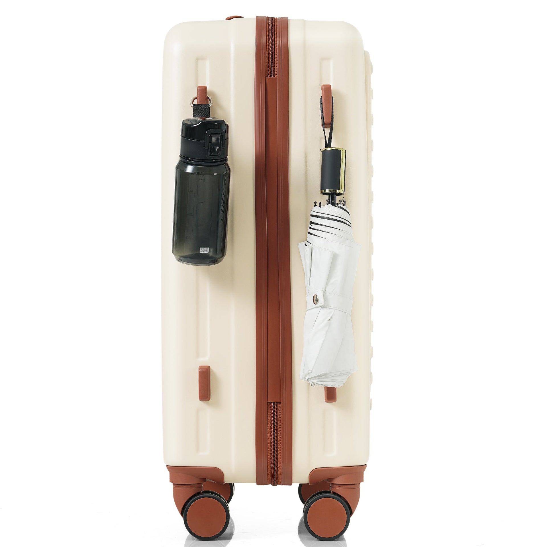 Front Opening 20-Inch Carry-On Luggage with Expandable Travel Bag Set, ABS Hard Shell Two-piece suitcase set with USB Port , Cup Holder, ivory and brown