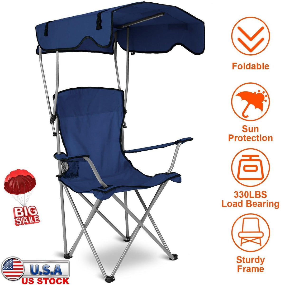 Foldable Beach Canopy Chair Sun Protection Camping Lawn Canopy Chair 330LBS Load Folding Seat w/ Cup Holder For Beach Poolside Travel Picnic