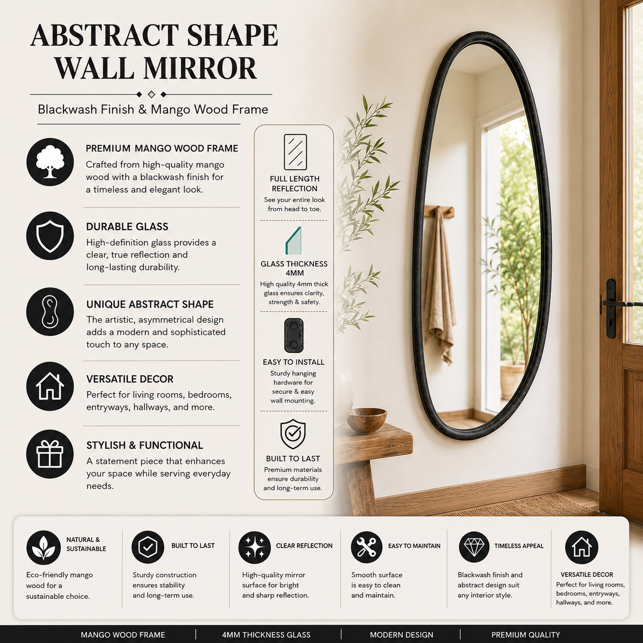 Wall Mirror with Blackwash Mango Wood Frame, Black, 28x60