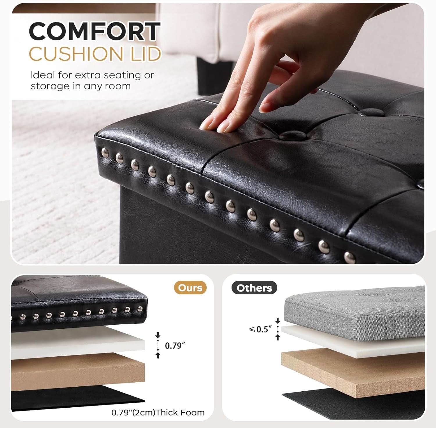 Faux Leather Folding Storage Ottoman 30 Inch Size Black