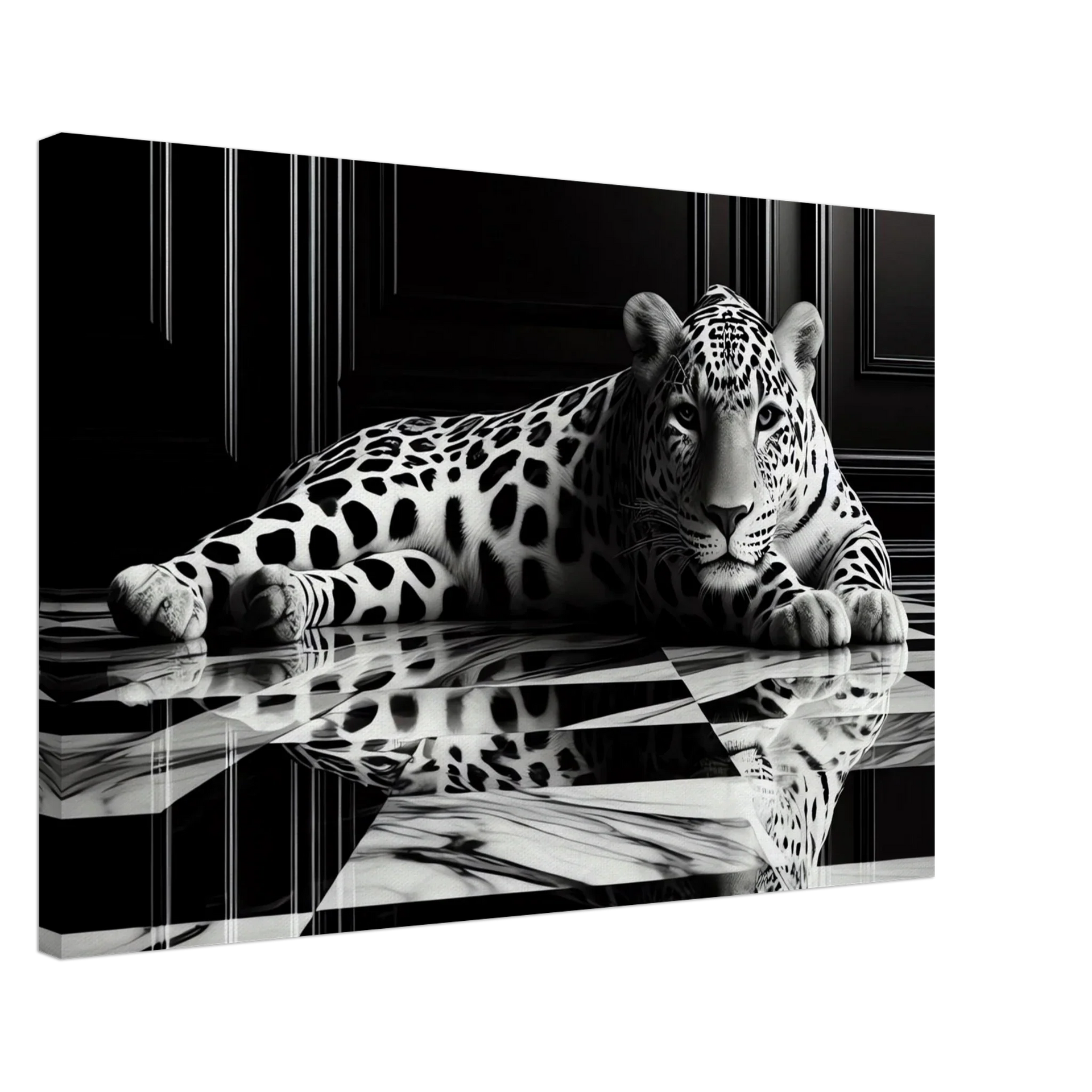 Leopard Canvas Art Print – Striking Design on Black & White Checkered Marble Floor