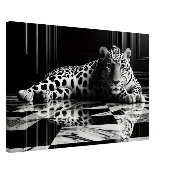 Leopard Canvas Art Print – Striking Design on Black & White Checkered Marble Floor
