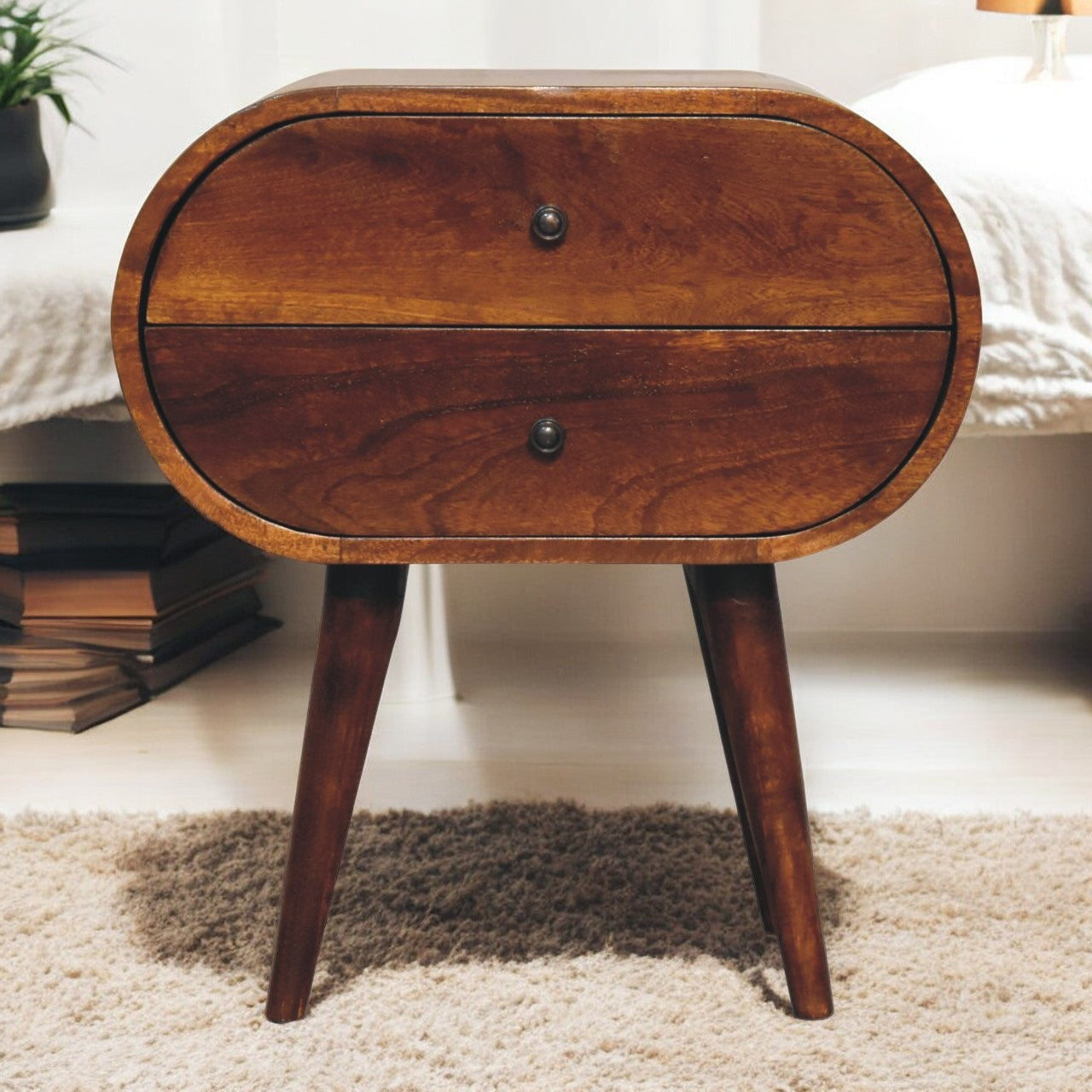 Solid Wood Large Chestnut Circular Bedside with 2 Drawers