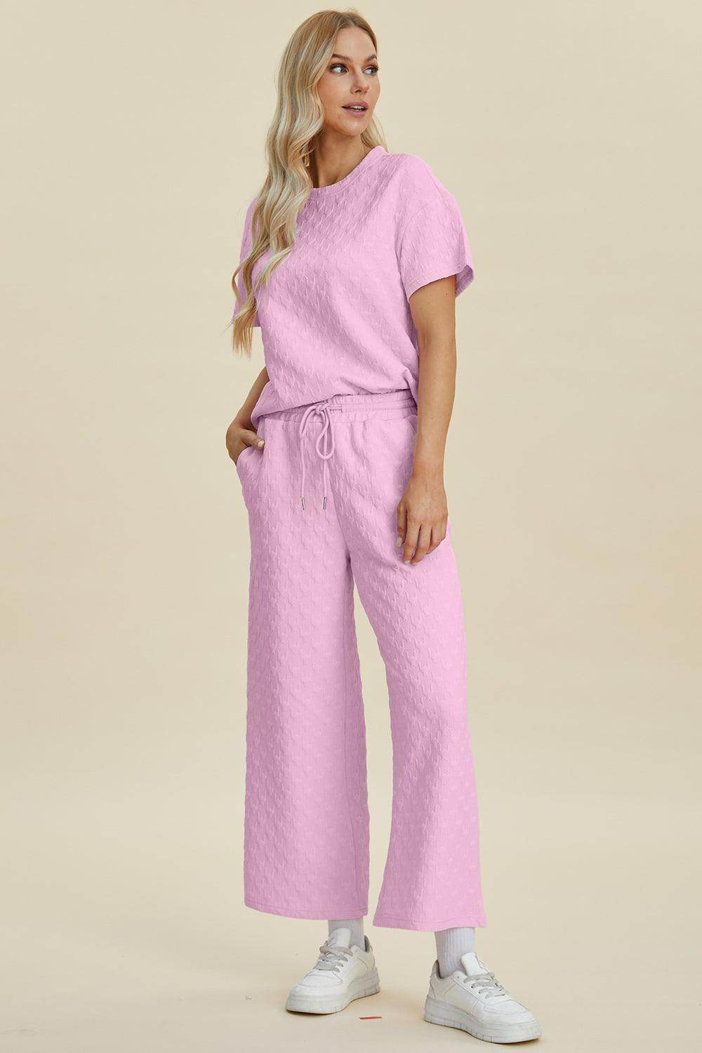 Double Take Full Size Texture Round Neck Top and Pants Set