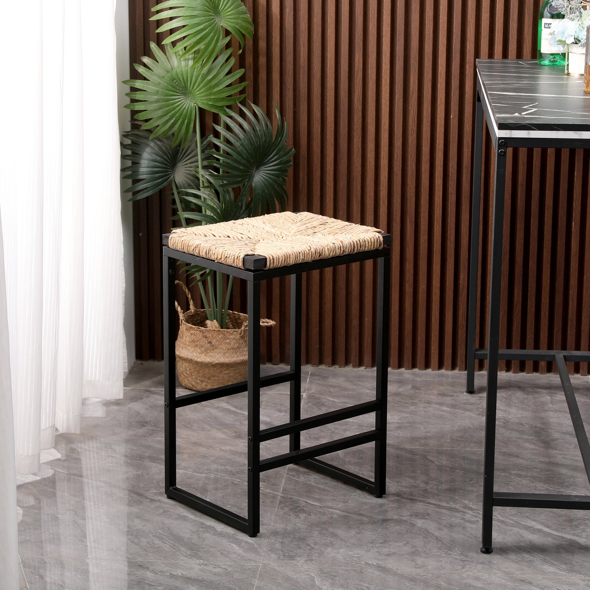 Set of 2 Backless Water Hyacinth Woven Bar Stools with Footrest Natural Finish