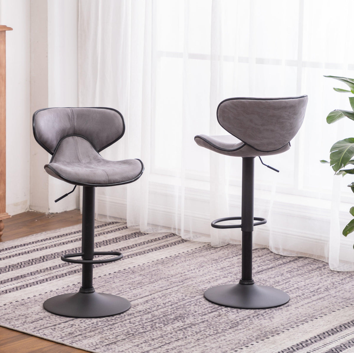 Gray Weathered Upholstered Adjustable Swivel Bar Stools with Chrome Base & Footrest – Set of 2