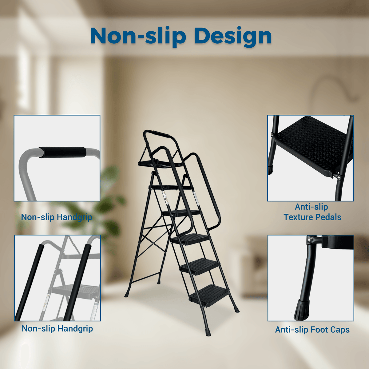 Folding Step Ladder with Wide Anti-Slip Pedal