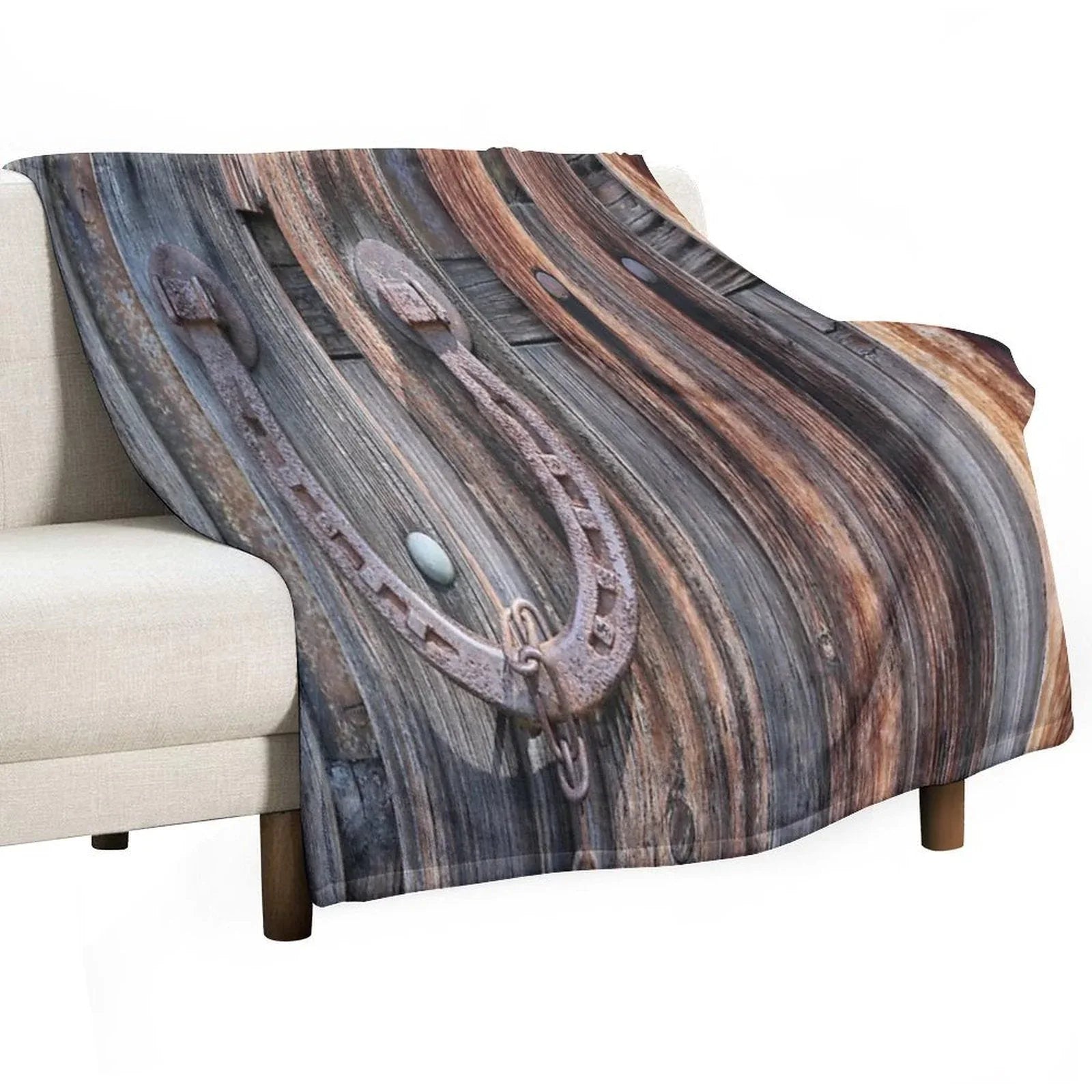 Distressed Barn Wood Rustic Equestrian Horseshoe Throw Blanket