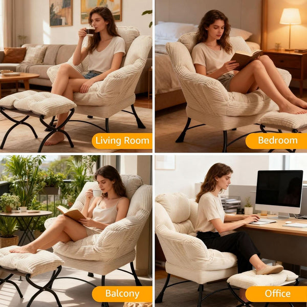 Oversized Corduroy White Reading Chair With Ottoman